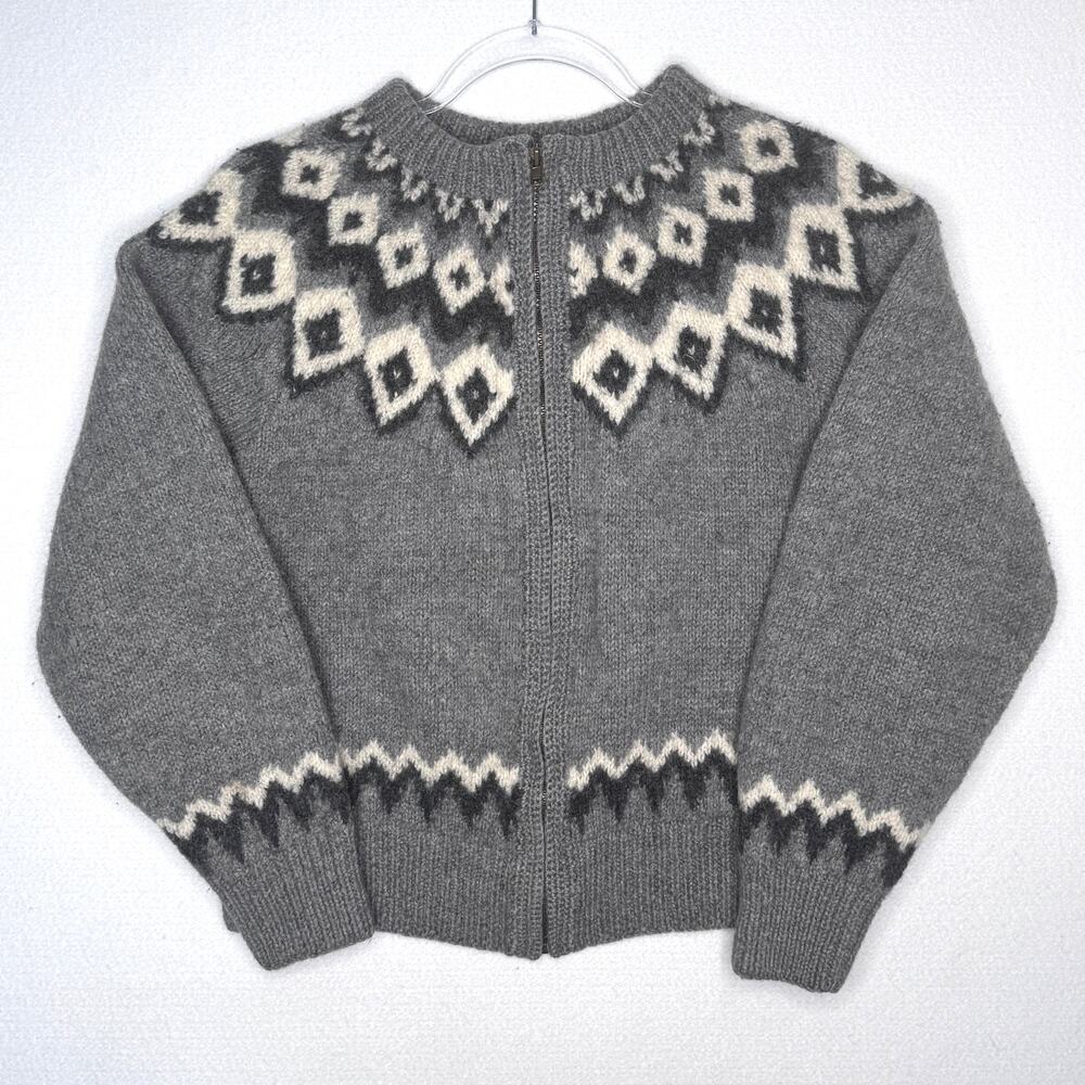 Vintage 1990s L.L.Bean Gray Fair Isle Nordic 100% Wool Zip Cardigan Sweater M